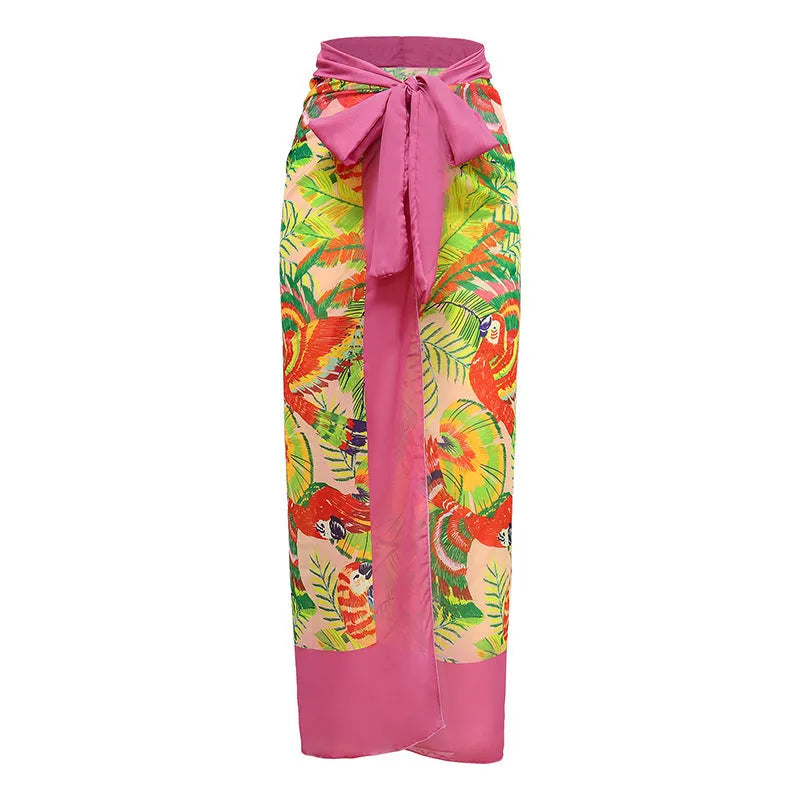 Pink floral print one-piece swimsuit with V-neck and attached skirt for women
