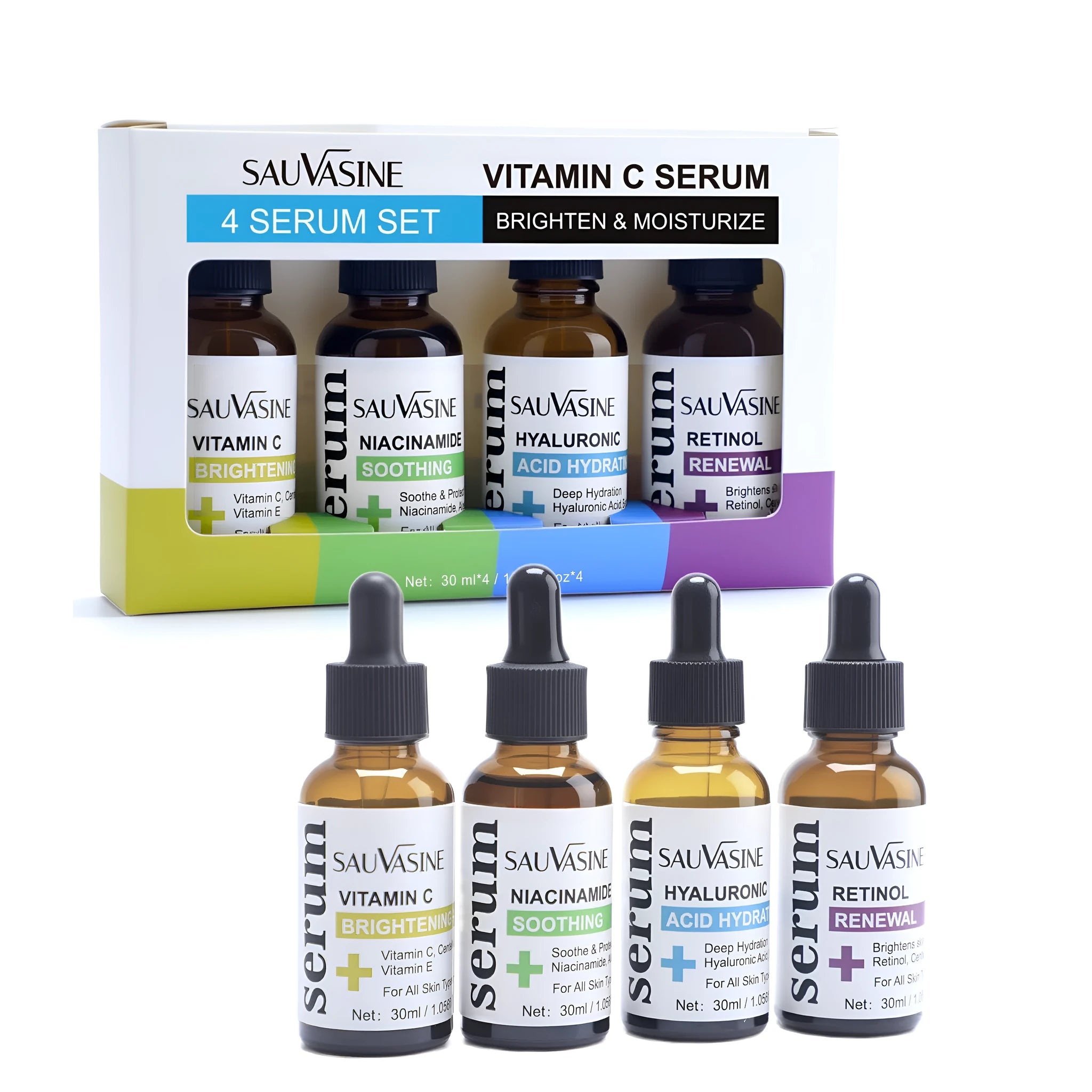 Vitamin C skincare set with four 30ml bottles: essence, toner, serum, and cream for a daily facial routine