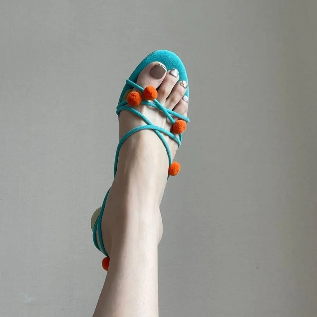 Cyan genuine leather lace-up high-heeled sandals with open toe and thin straps