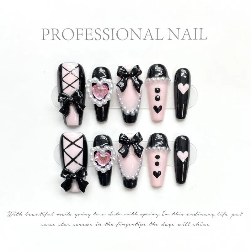 Black pink heart hand-painted detachable manicure with bow and XINGX patterns in four sizes