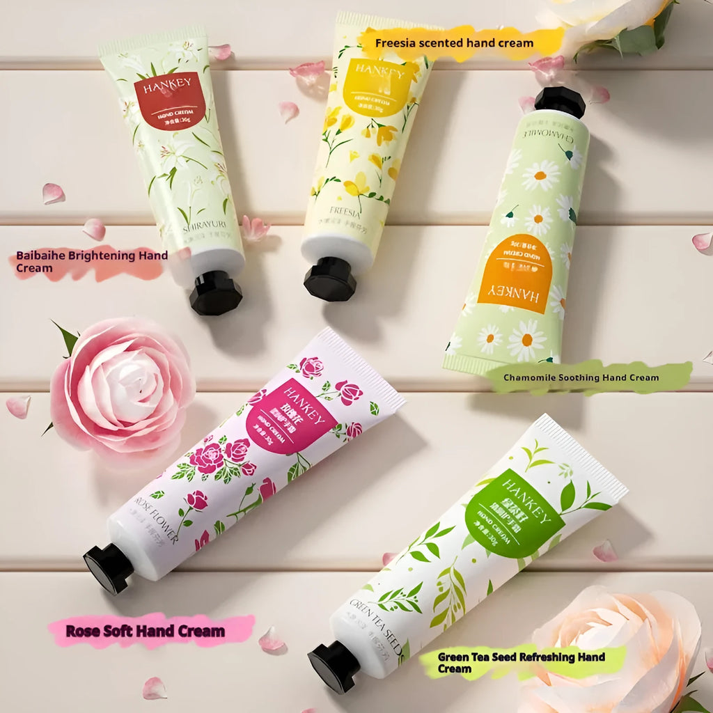 30g tube of fruit-scented hand cream shown with avocado, rose, and strawberry variant labels.
