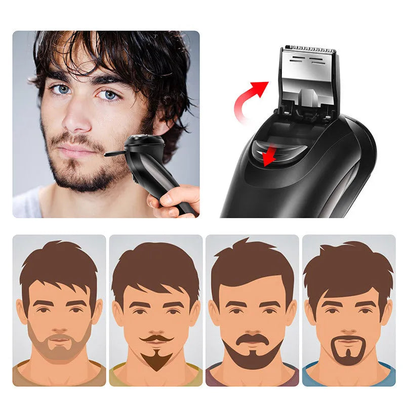 RSCX-7571 men's electric shaver with USB cable, pop-up trimmer, and cleaning brush on grey background