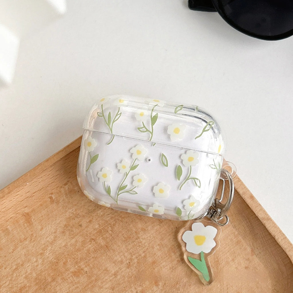 White floral design AirPods protective cover showing high-transparency TPU material and decorative elements