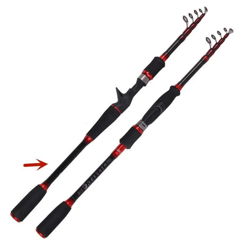 Carbon telescopic fishing rod with straight shank or gun handle, super hard tone, 1.8m to 3.6m, collapses to 58-63cm