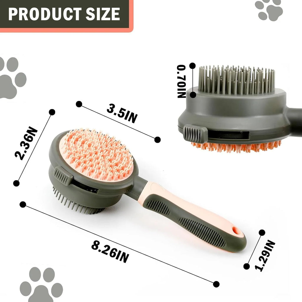 Double-sided cat brush with release button and flea comb in green or pink for grooming indoor cats