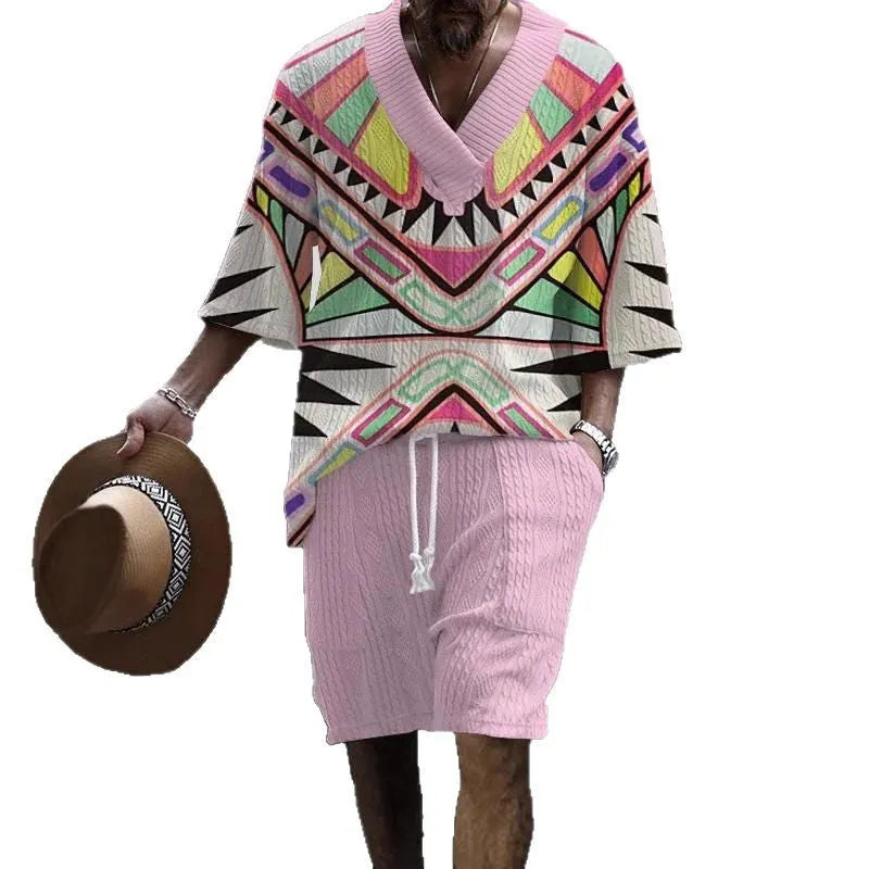 Loose casual short sleeve suit with matching shorts in polyester fabric, available in multiple colours and sizes S to XXXXL
