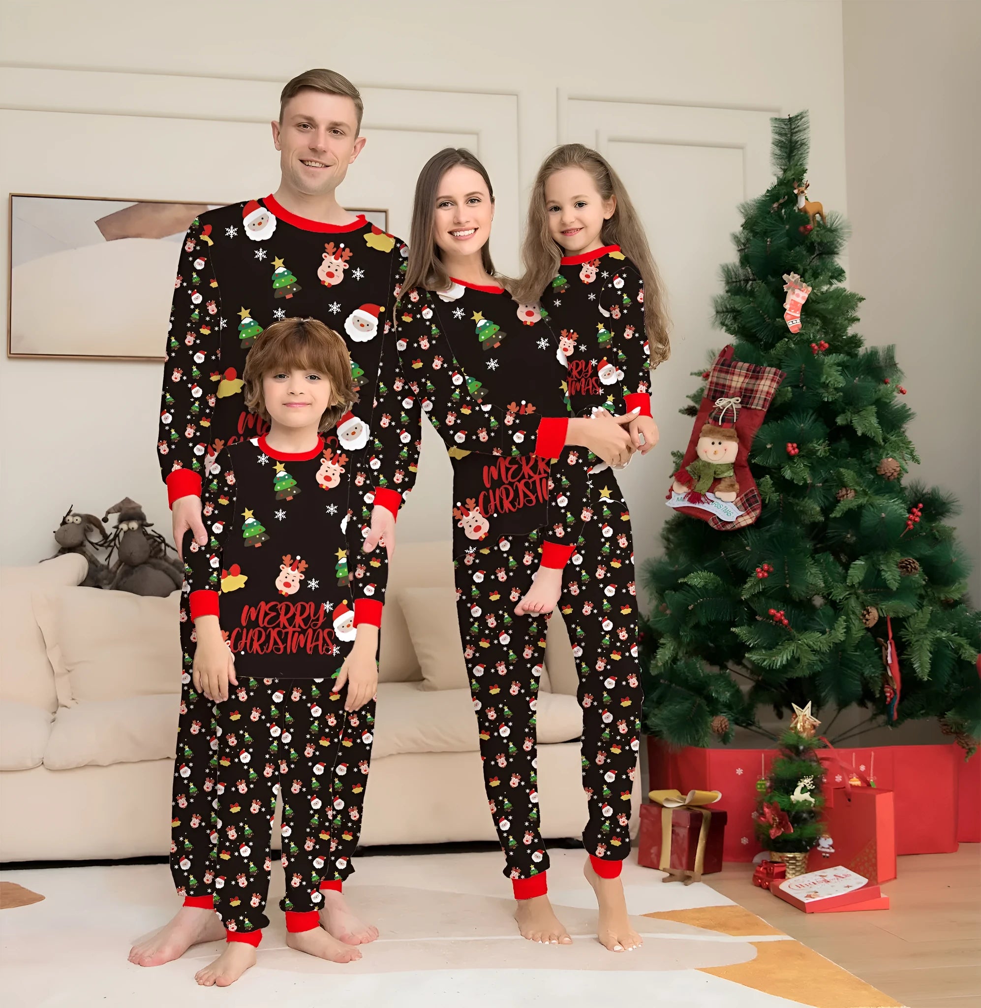 Family wearing matching red plaid Christmas pajamas, including adults, children, and a dog.