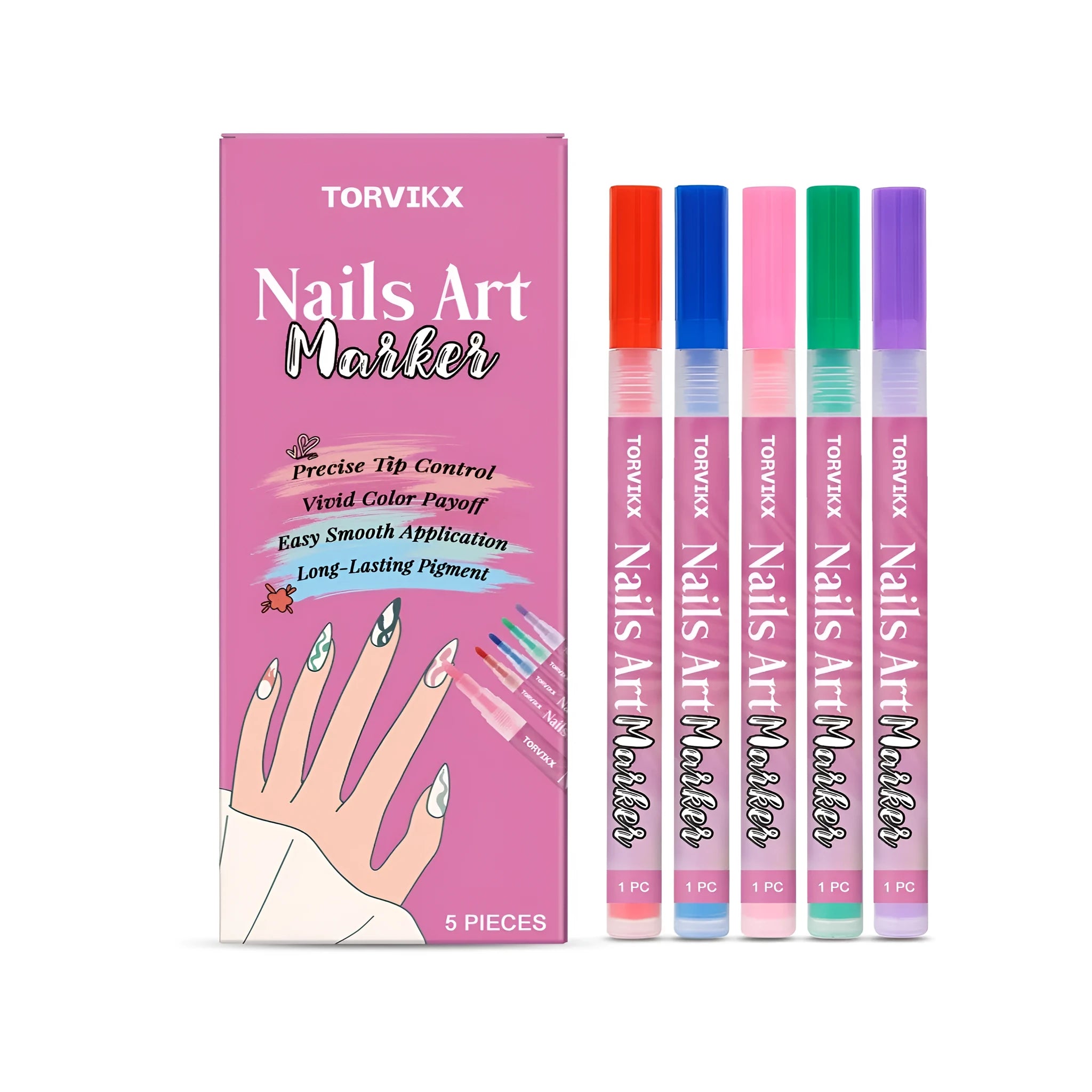 Set of five manicure art graffiti pens in red, blue, powder, violet, and green colours for nail designs