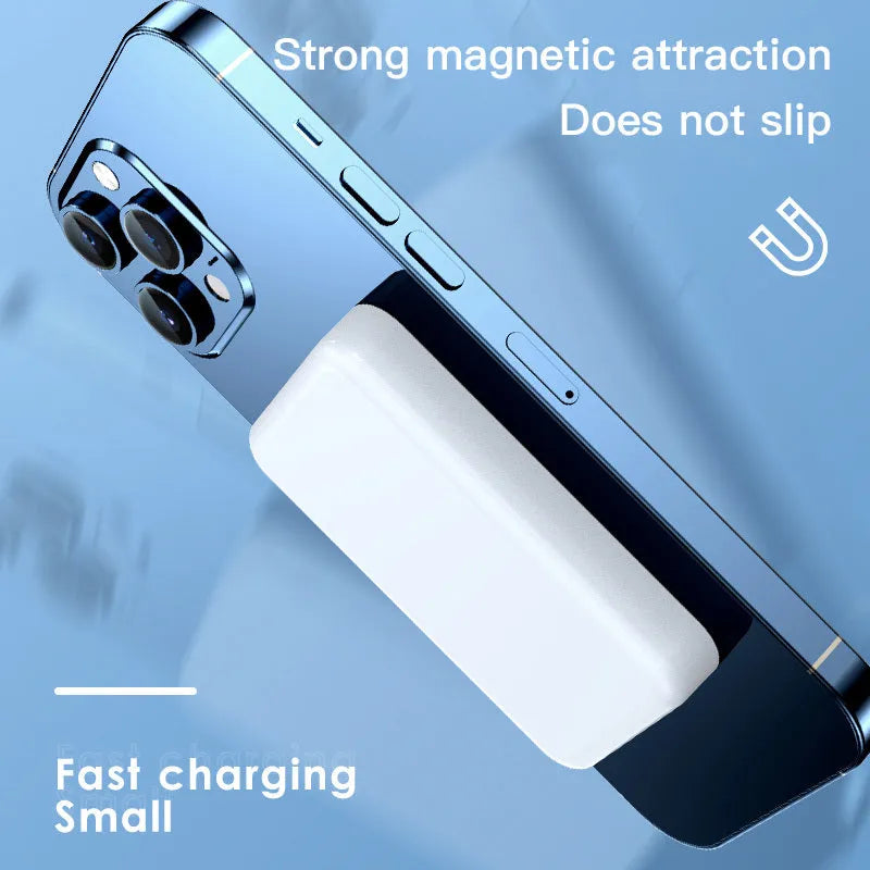 Pink magnetic wireless power bank showing 20000mAh capacity and compact 100x64x18mm dimensions