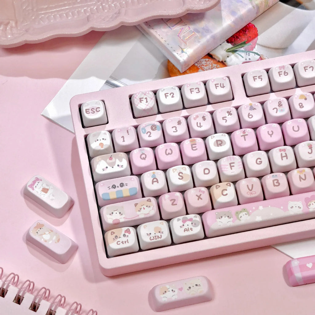 Pink MOA height keycaps with cartoon designs on all five sides for mechanical keyboard customisation