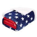 Striped polyester blanket in American style, shown in three sizes on a sofa.