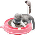 Blue cat scratcher with circular base, corrugated cardboard pad, and ball in track for interactive play