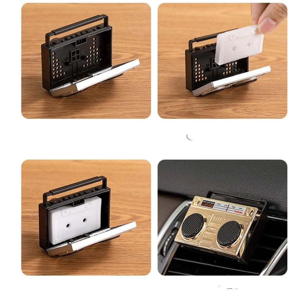 Retro cassette design car air vent diffuser in gold or silver zinc alloy