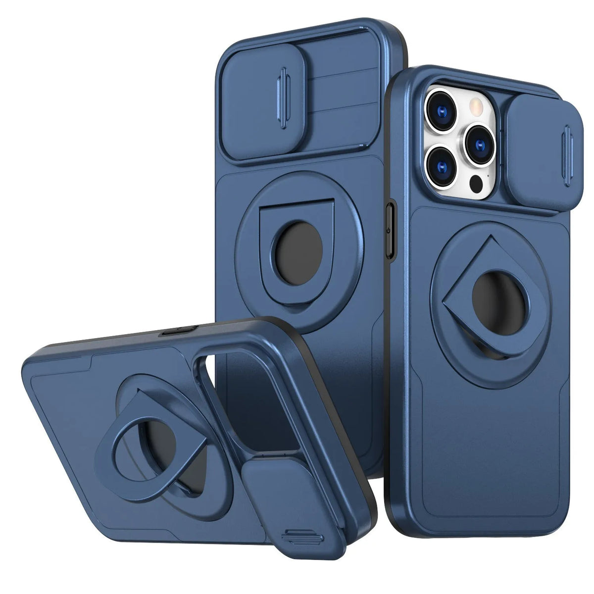 Sliding window magnetic ring phone case with rotating bracket for Apple iPhone in black, blue, red and purple