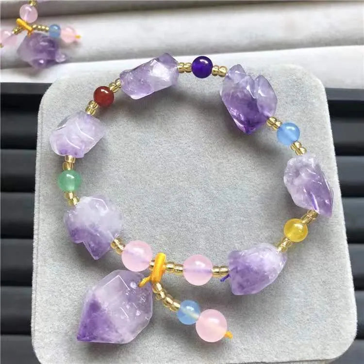 Natural shaped amethyst bracelet with fu character charm for women's travel commemoration gifts