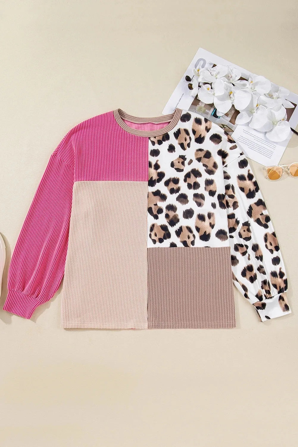 Women's rose red long-sleeve top with round neck, leopard print, and colour-block patch, sizes XL to 4XL