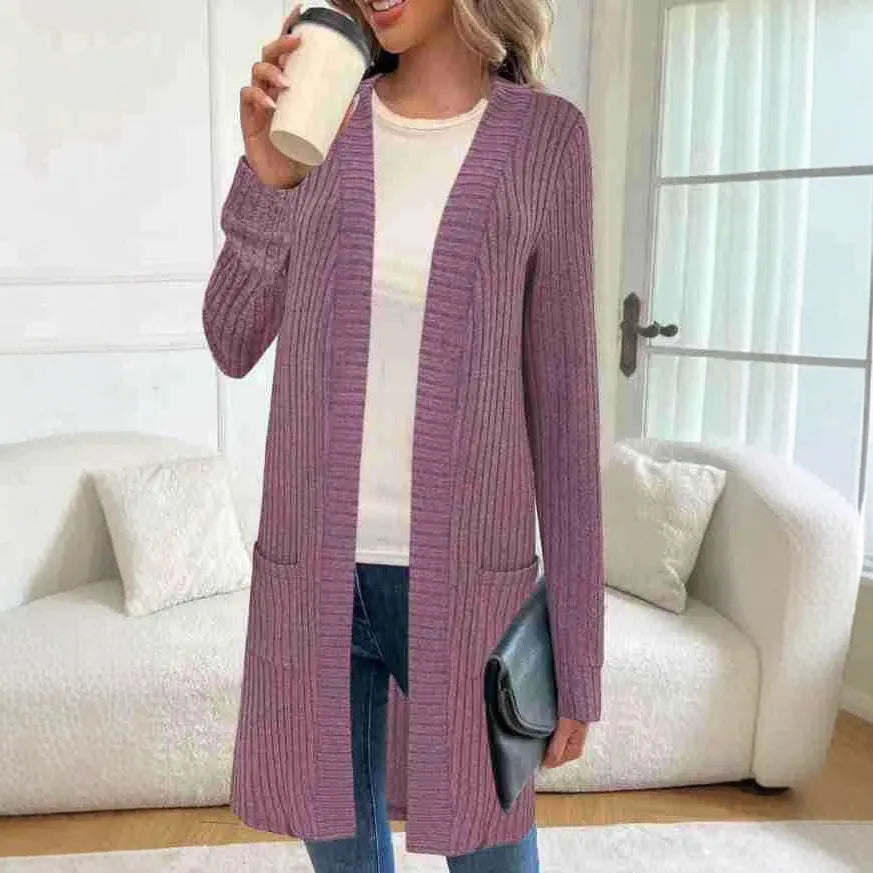 Long sleeve loose pockets knitted cardigan jacket in black colour showing front cardigan design and pocket details