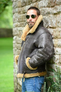 Men's brown retro synthetic leather fur coat with side pockets and straight hem