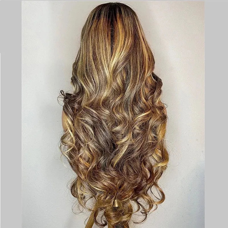 Front lace synthetic wig with long curly hair in gradient black to piano colour transition