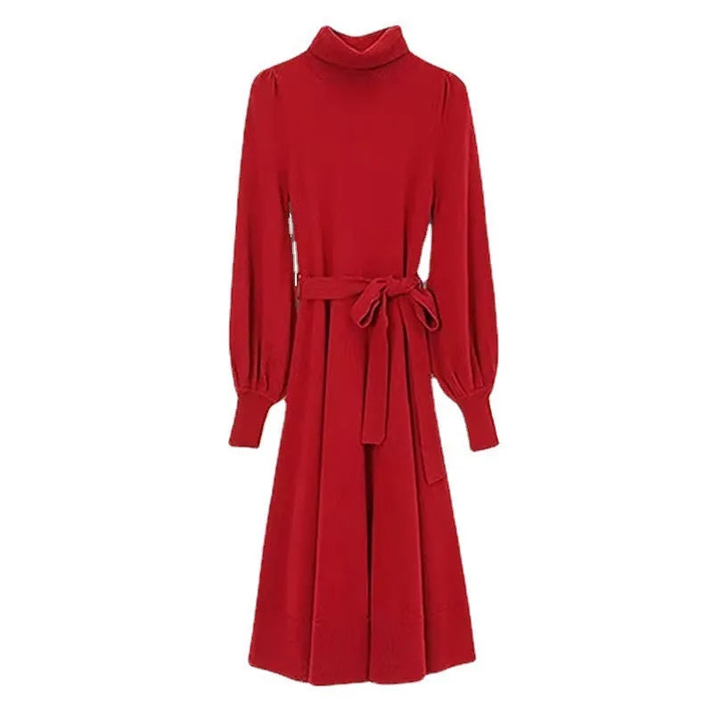 Rose red turtleneck knit dress with elastic waist and long skirt measuring approximately 100-110cm in length