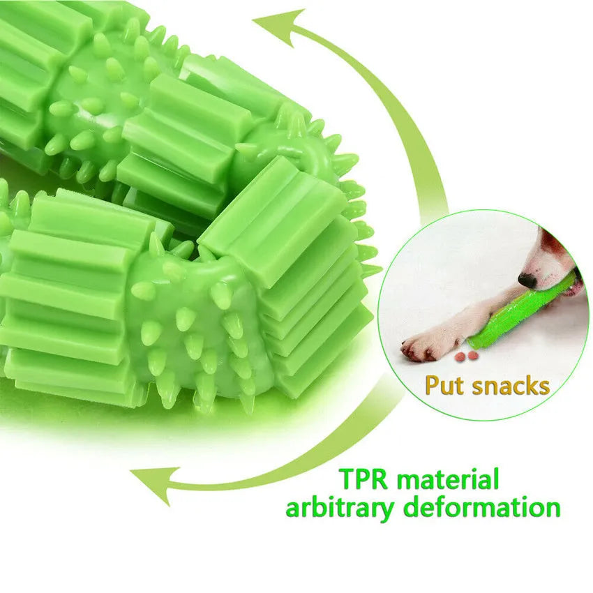 Green durable rubber dog chew toy with treat-dispensing hole and textured surface for aggressive chewers.