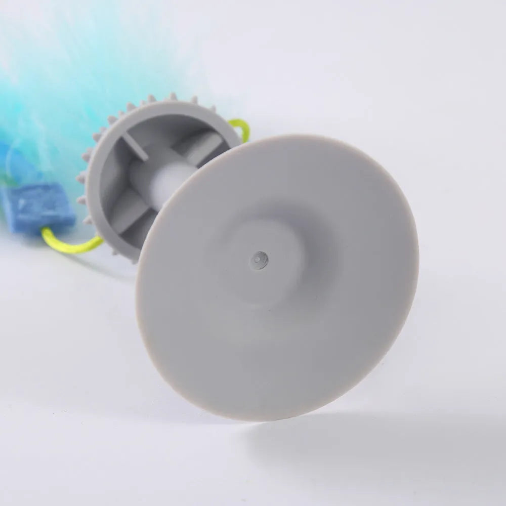 Blue plastic suction cup cat toy wand with double-haired prick head and grinding teeth section