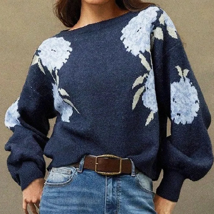 Sapphire blue women's pullover with jacquard floral pattern, loose fit with regular long sleeves