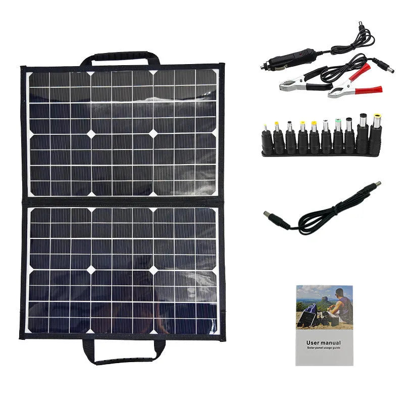 Black 40W solar folding bag showing 425x285x8mm folded size with single crystal panel for outdoor charging
