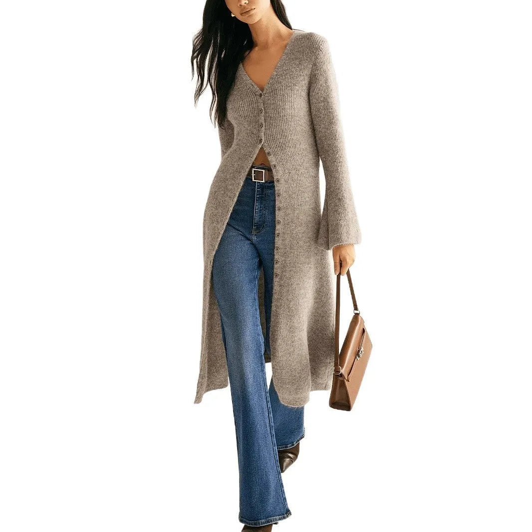 Khaki coloured women's long sleeve button-front cardigan coat on a hanger.