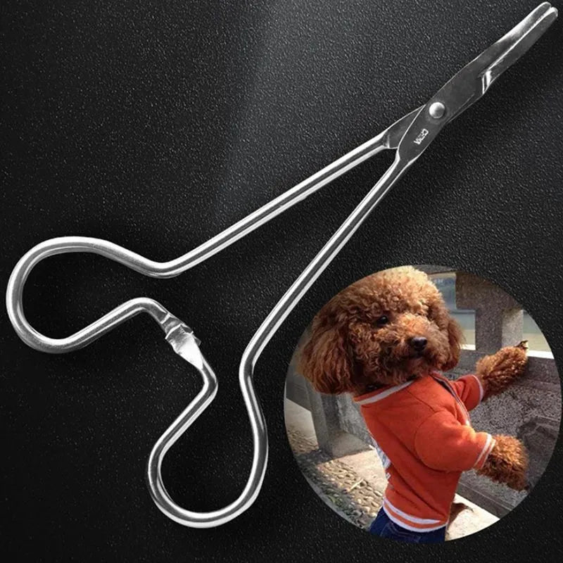 Silver stainless steel pet grooming tweezers with curved tip for ear hair removal and cleaning