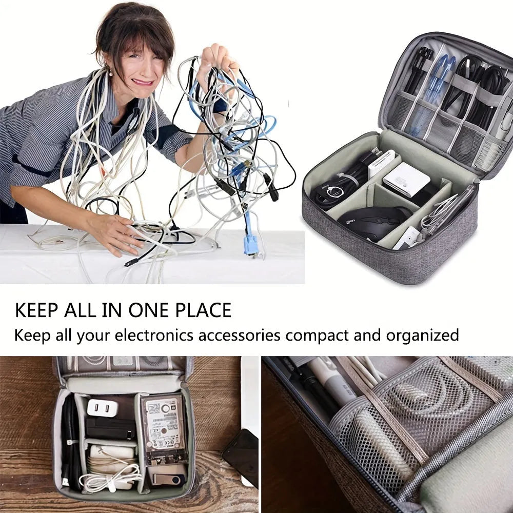 Black electronics organiser bag with mesh pockets and removable dividers for cable storage