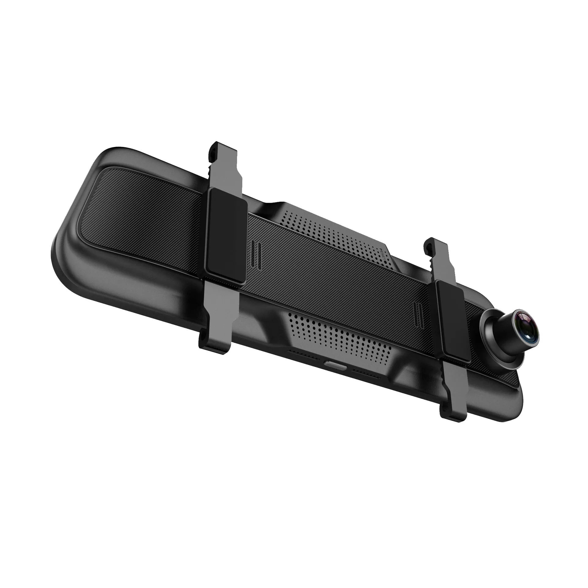 Black 10-inch touch screen driving recorder mounted as rearview mirror with wide angle lens