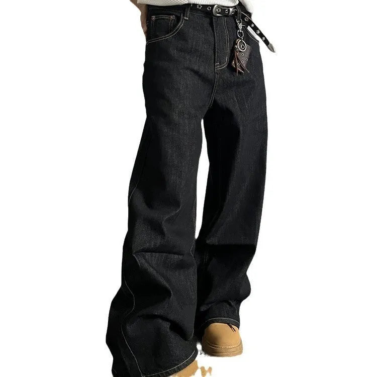 Black retro wide-leg jeans with straight-leg cut and mid waist, featuring zip placket closure
