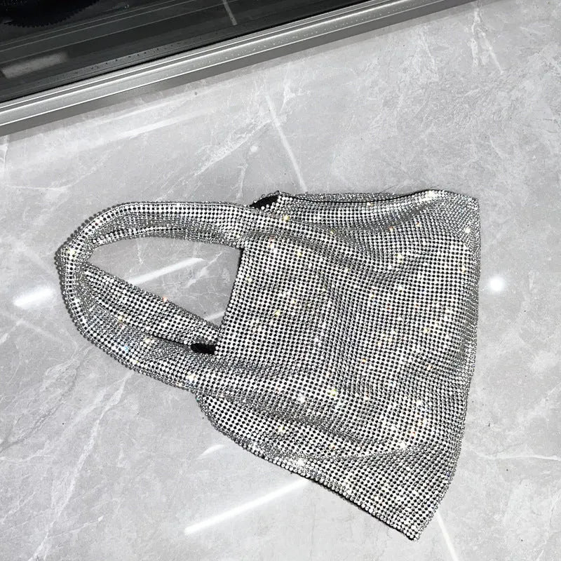 Silver cotton thread party handbag with shiny rhinestones and open outer pocket