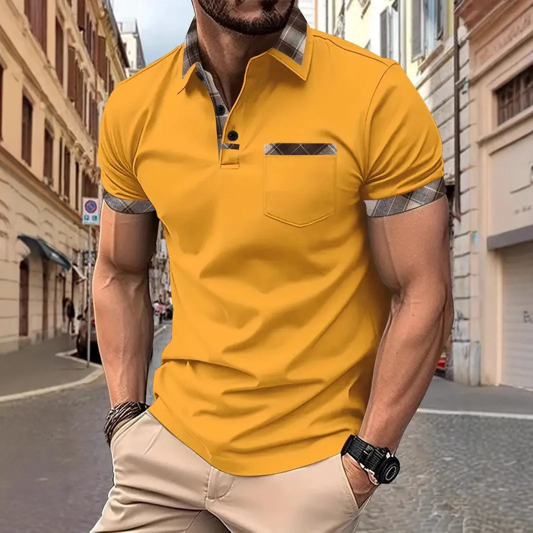 Men's short sleeve plaid colourblock T-shirt with zipper decorations in multiple colour options