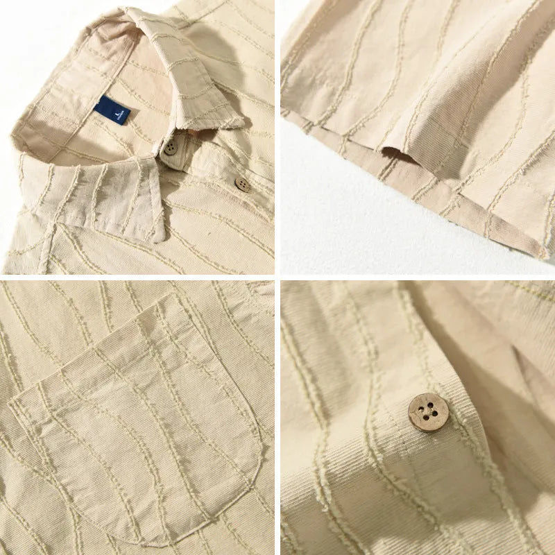 Men's apricot pure cotton short sleeve shirt with loose Japanese style and washing water finish