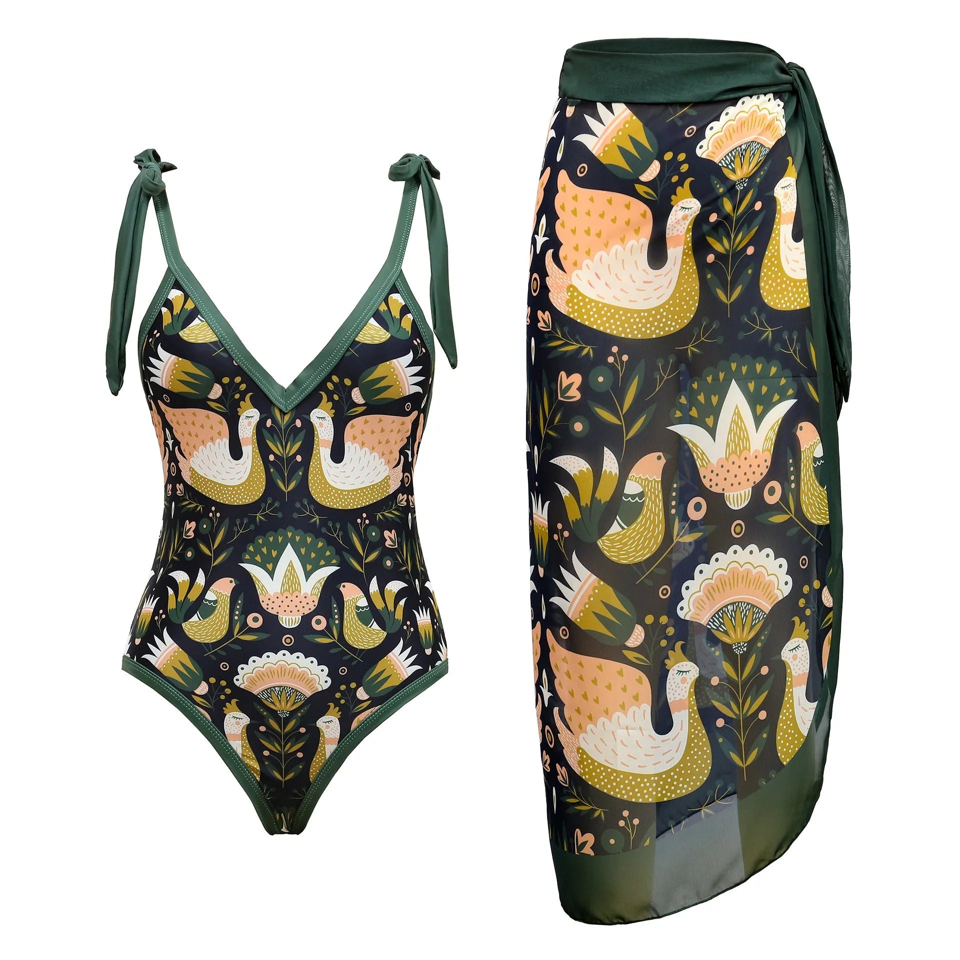 Women's spaghetti straps one-piece swimsuit with skirt in solid colour, showing adjustable straps and polyester fabric