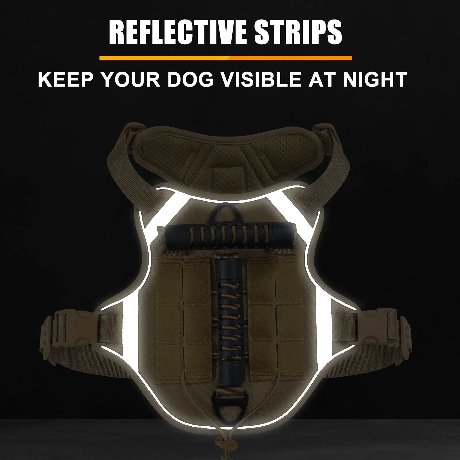 Monochrome tactical dog harness with a back handle and chest strap on a dog.
