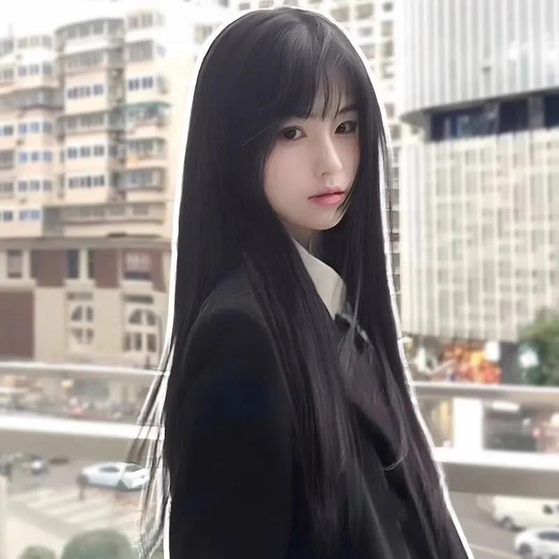 Black long straight synthetic wig with female bangs in high temperature fibre material