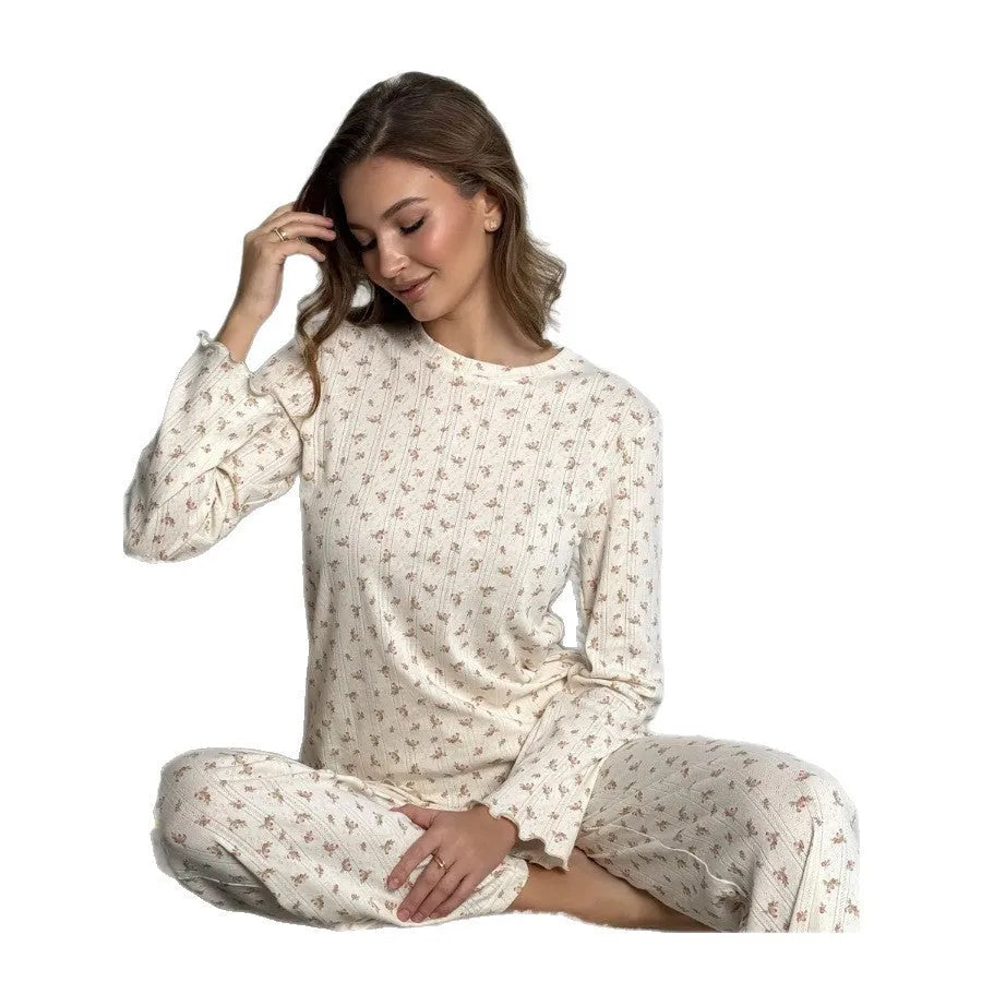 Women's white floral print bell sleeve top and wide leg trousers set for casual and home wear
