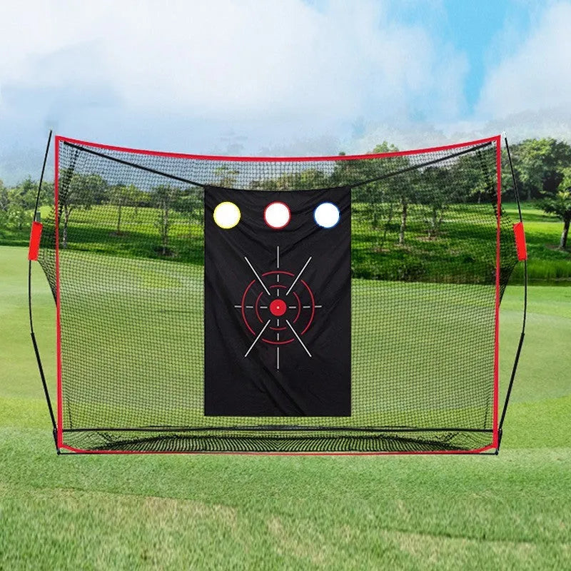 Swing wedge golf training net with 3-hole cross design, 30x60cm straw mat, practice balls, and accessories