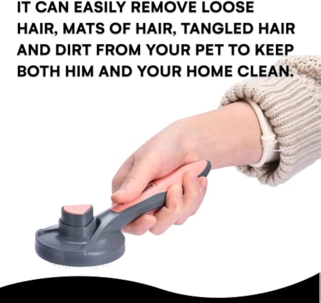 Self-cleaning slicker brush for cats and dogs in grey, green, or pink with massage bristles and comfort-grip handle