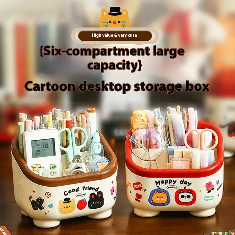 Red and brown cartoon-style desktop organiser with grid design for stationery and cosmetics storage