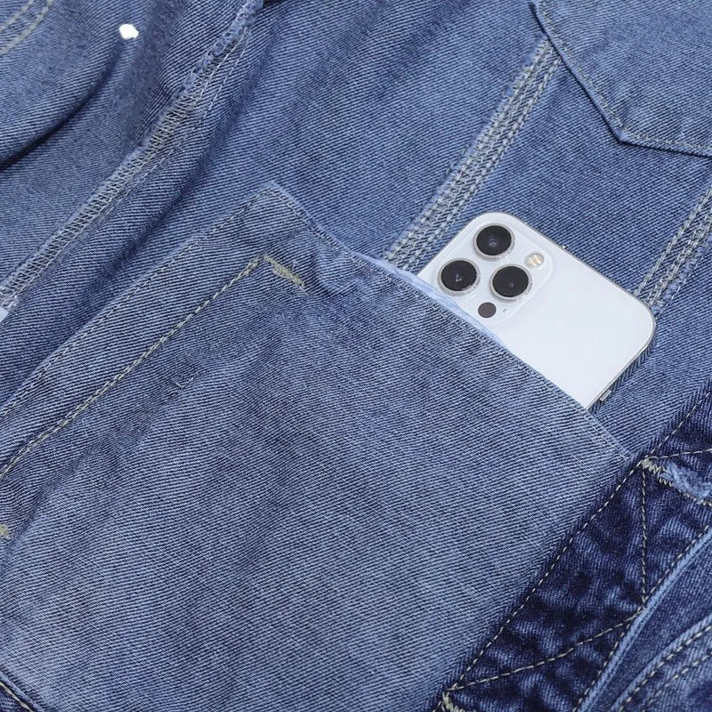 Men's denim coat in light blue or blue, loose cardigan style with round hem and side pockets, sizes M to 5XL