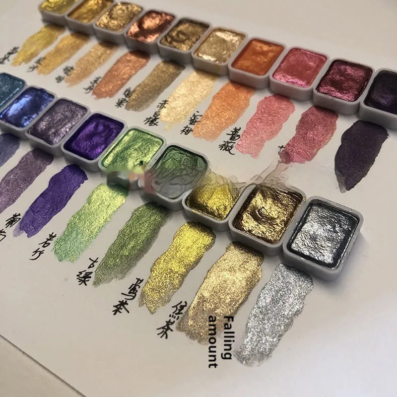 Traditional Chinese painting watercolour set with 20 tubes, including red and white gold, organised into warm and cold colour palettes