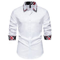 Men's blue plaid shirt with triangle collar and long sleeves, casual style, on hanger