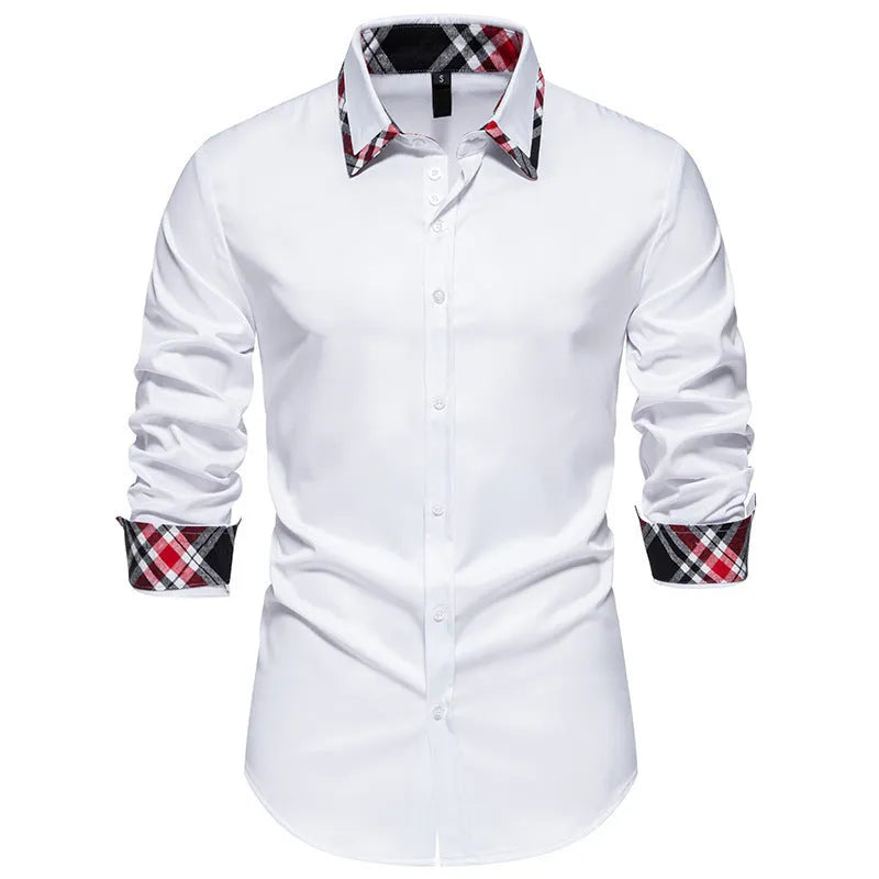 Men's blue plaid shirt with triangle collar and long sleeves, casual style, on hanger