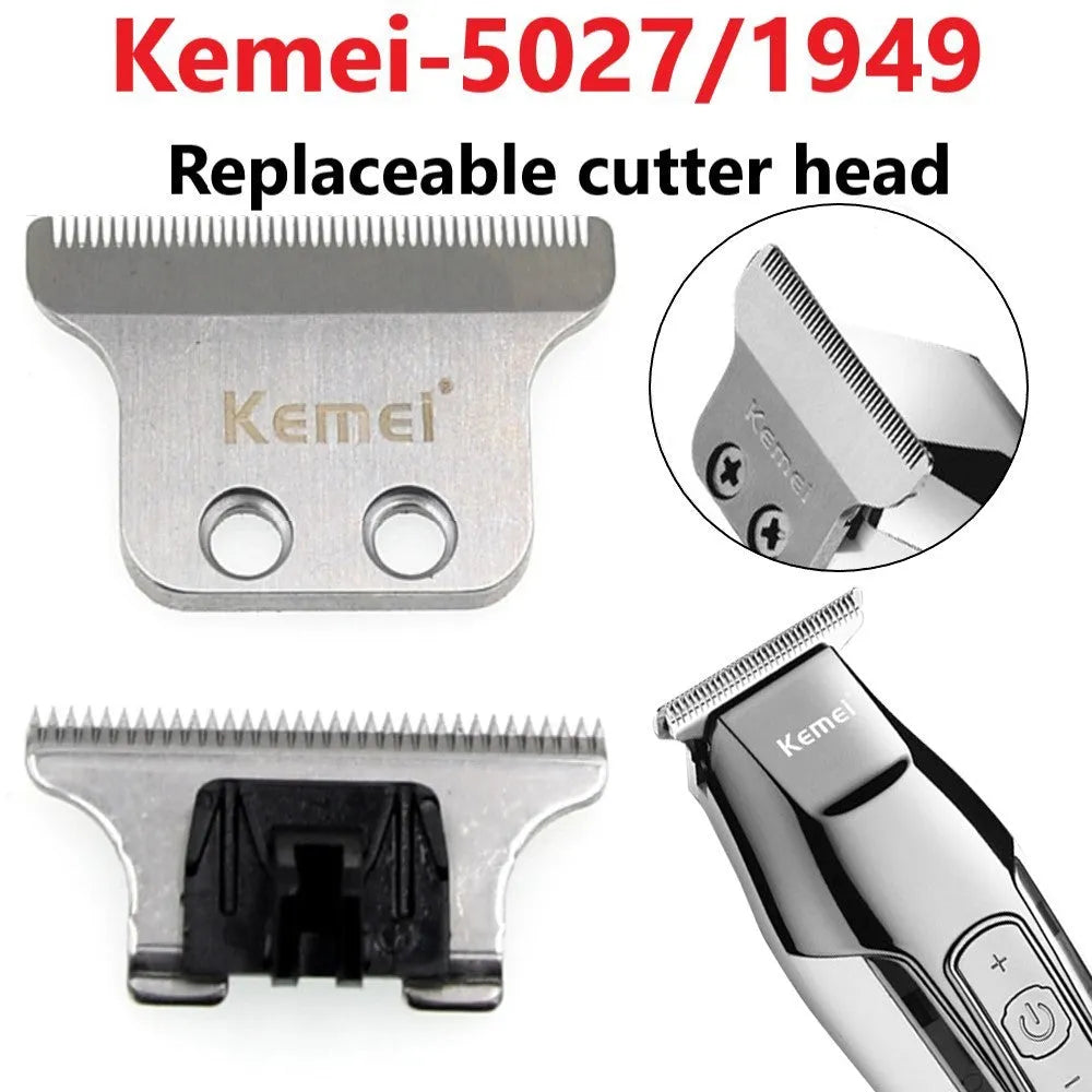 Barber scissors with LCD display showing rechargeable KM-5027 model with stainless steel tool head