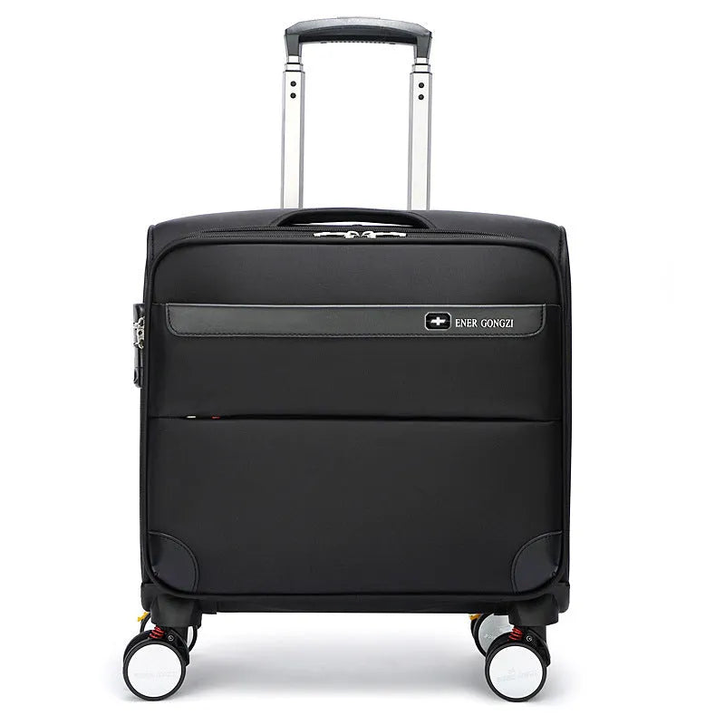 18-inch black business luggage with Oxford cloth material, universal wheels, and retractable handle