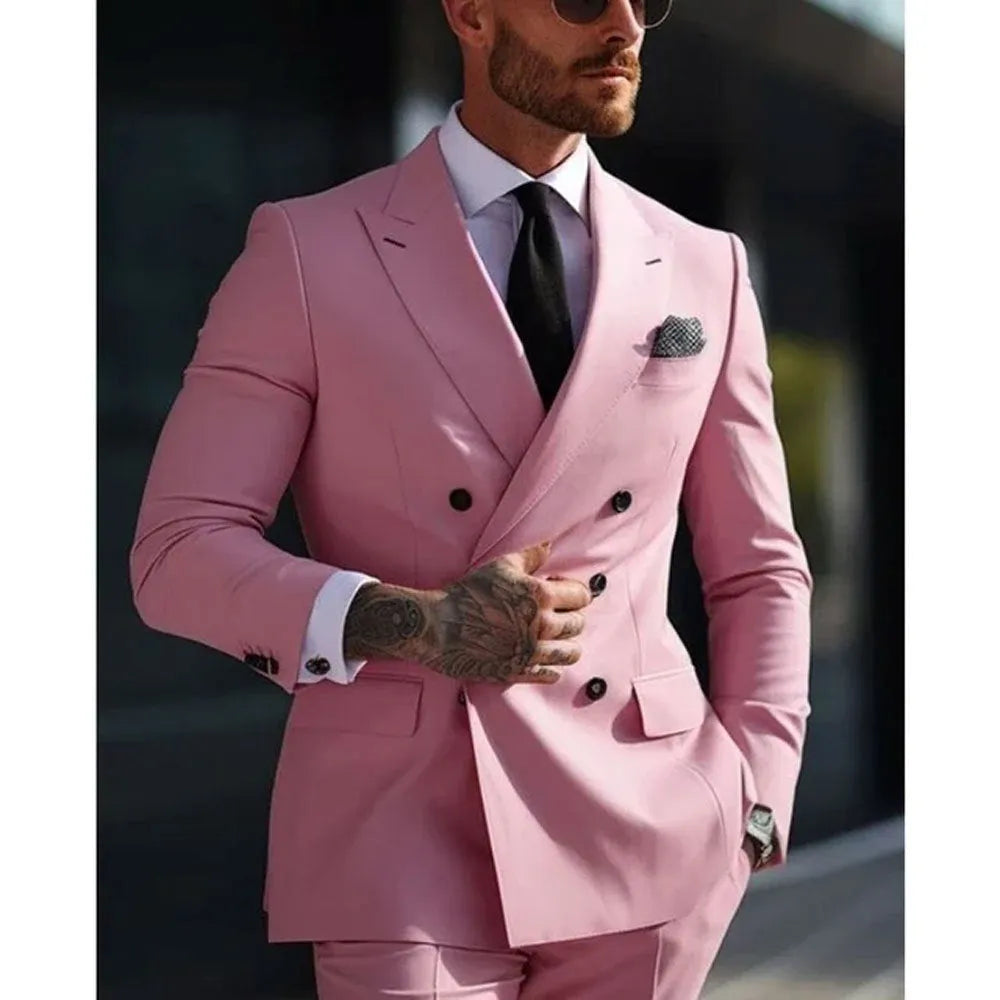 Men's Korean slim fit two-piece suit with structured jacket, available in multiple colours including navy blue and olive green